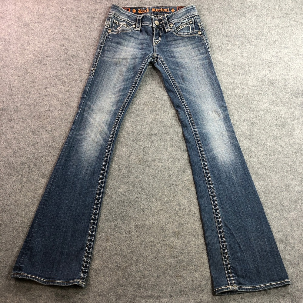 Rock Revival Womens Heather Boot Jeans 25 Blue Studded Embellished Low Rise